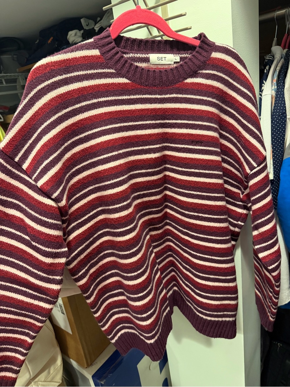 Set Activr Burgundy, Cream and pink Striped Crewneck Sweater